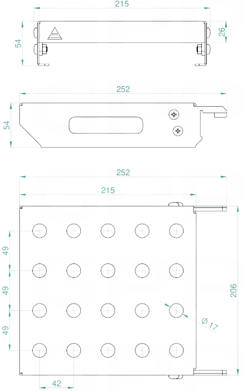 Schema tecnico mensola porta perni taglia M GPPH per tavoli saldatura con fori 16mm