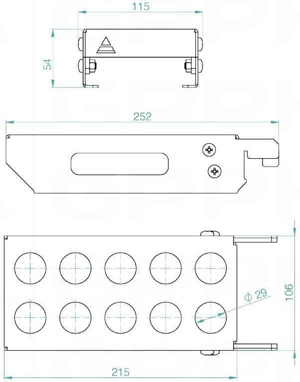 Schema tecnico mensola porta perni taglia S GPPH per tavoli saldatura con fori 16mm