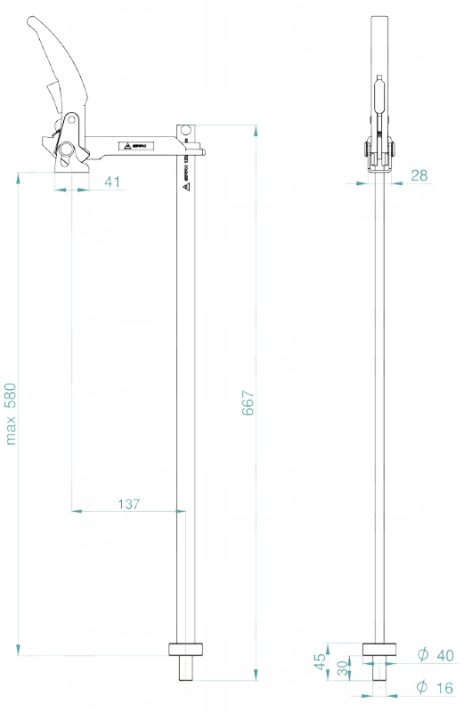 Schema tecnico morsetto a leva lungo fisso GPPH per tavoli saldatura con fori 16mm