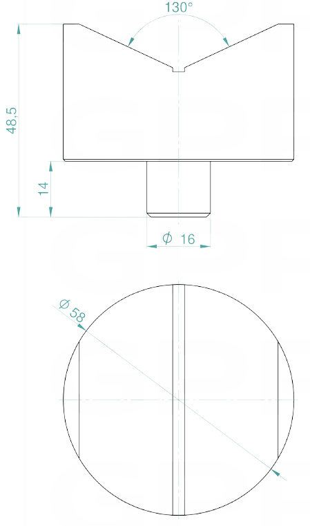 Schema tecnico prisma 58mm 130° GPPH per tavoli saldatura con fori 16mm