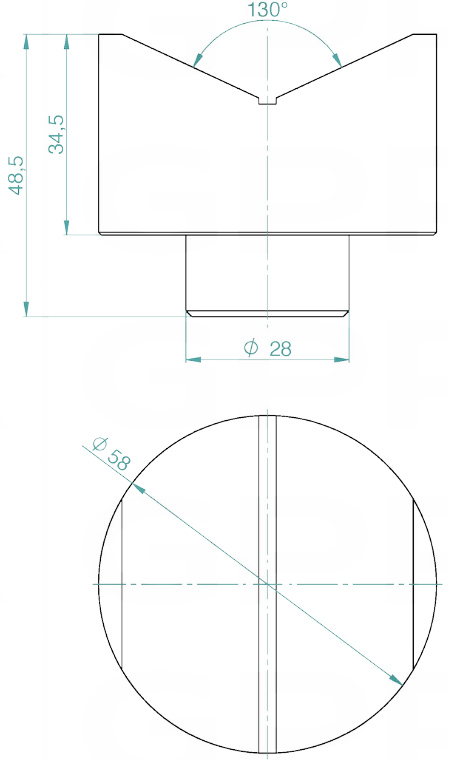 Schema tecnico prisma 58mm 130° GPPH per tavoli saldatura con fori 28mm