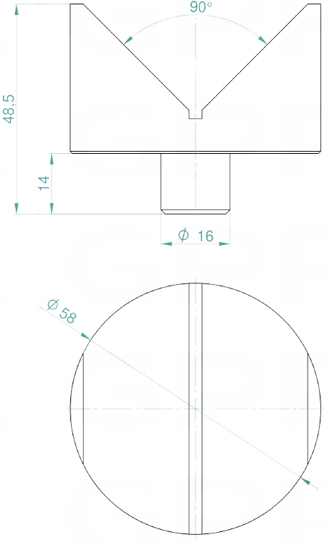 Schema tecnico prisma 58mm 90° GPPH per tavoli saldatura con fori 16mm