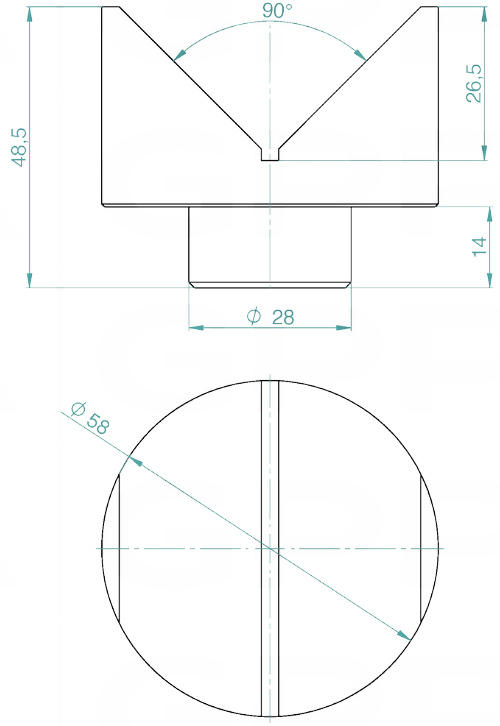 Schema tecnico prisma 58mm 90° GPPH per tavoli saldatura con fori 28mm