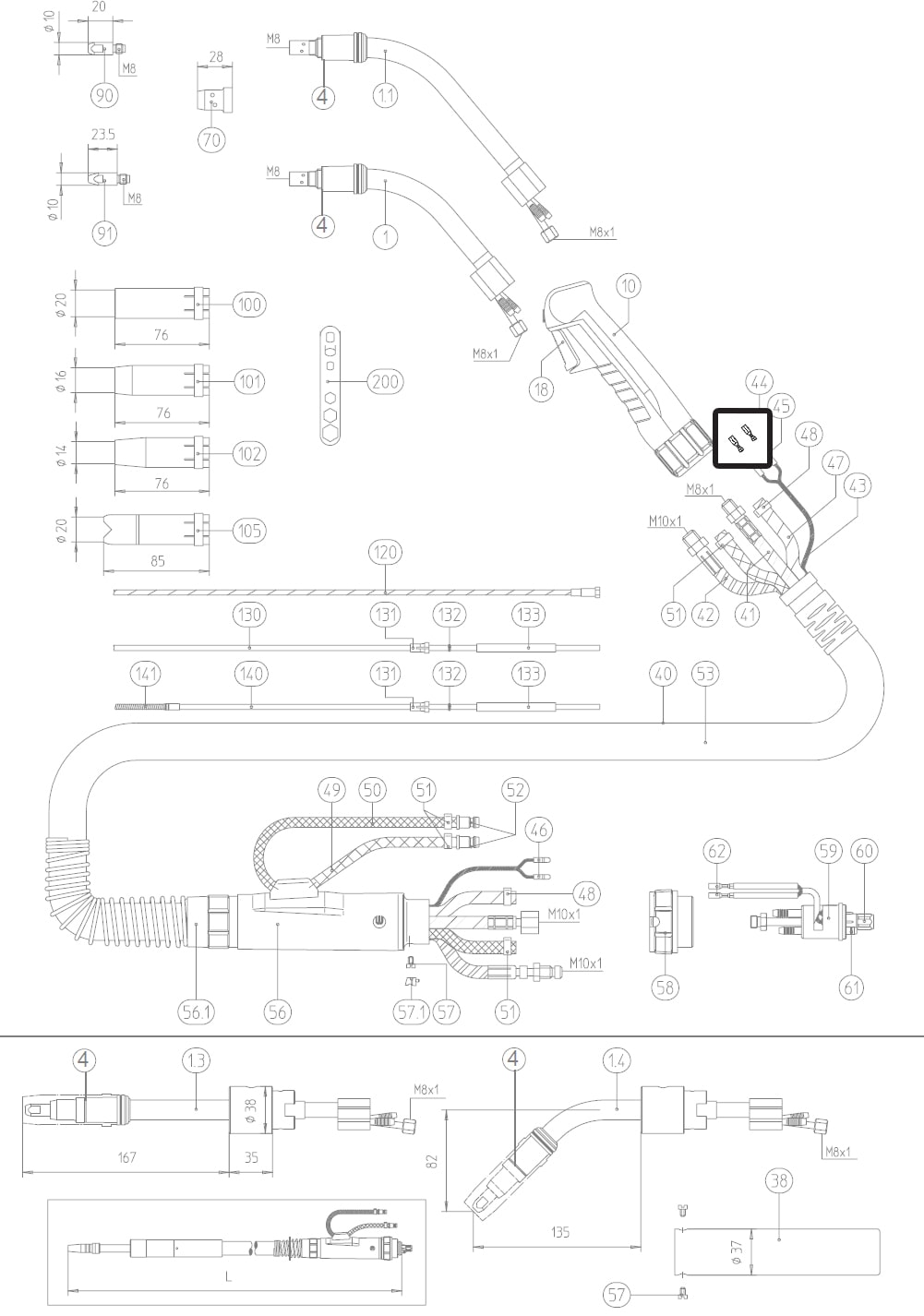 Dettaglio fastoncavetto micro torcia mig abicor binzel BZ1750022