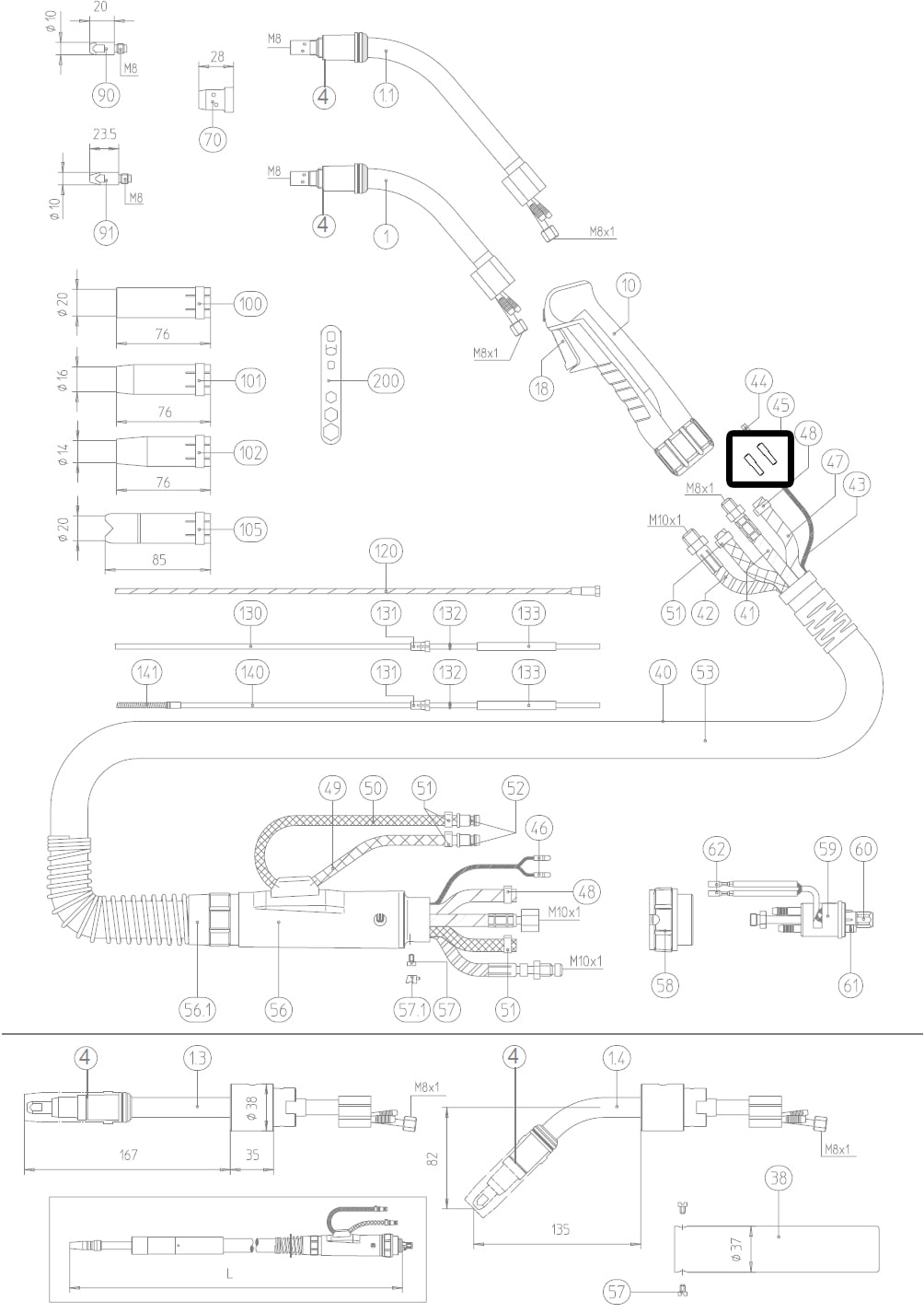 Dettaglio isolante faston anteriore torcia mig abicor binzel BZ4000119