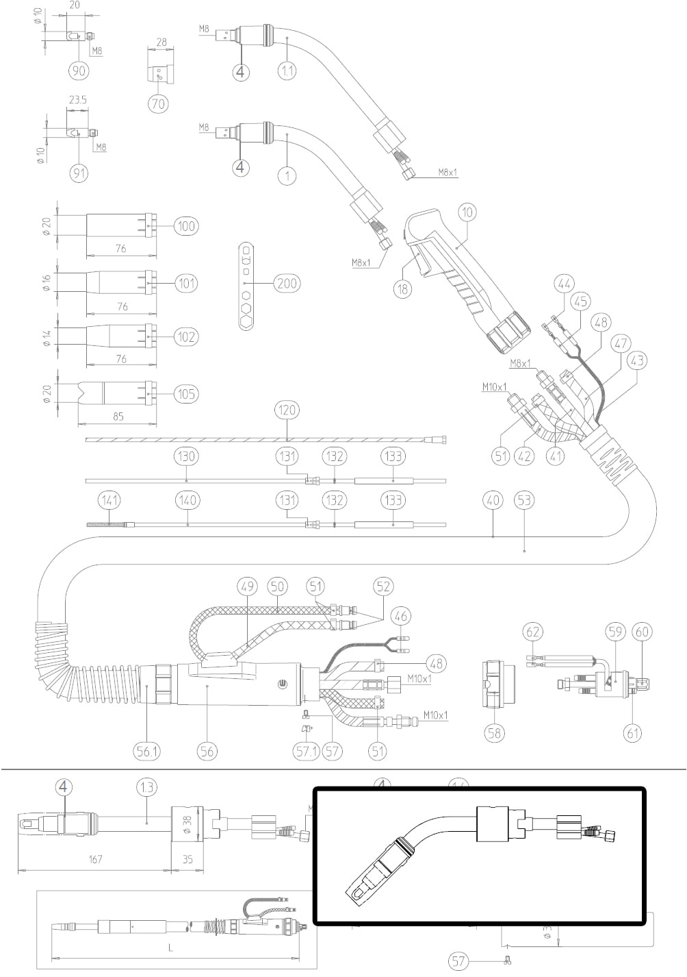 Dettaglio ricambio lancia terminale torcia macchina AUT 501D abicor binzel 9340002