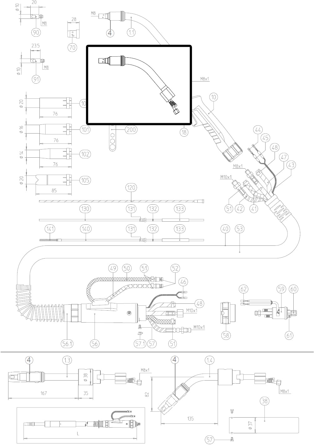 Dettaglio ricambio lancia terminale torcia MB 401D abicor binzel 0330001