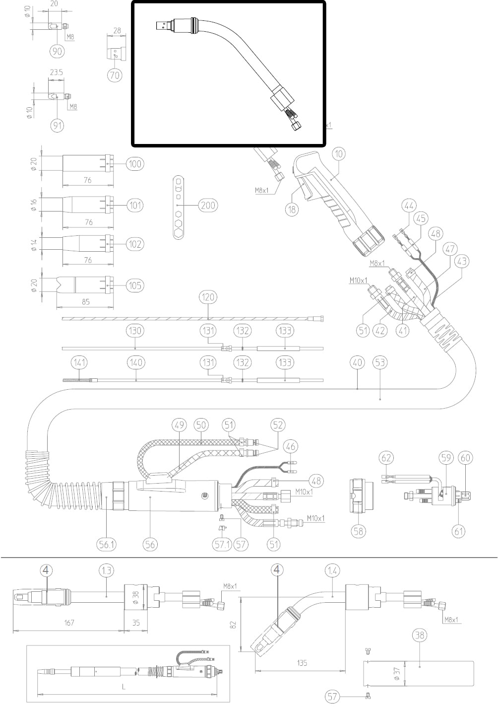 Dettaglio ricambio lancia terminale torcia MB 501D abicor binzel 0340001