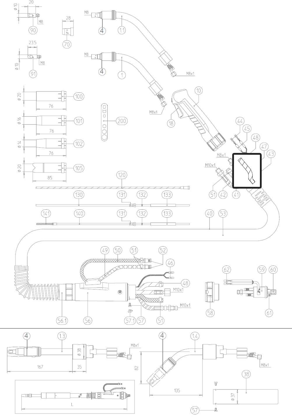 Dettaglio tubo gas nero ricambio abicor binzel 1090040