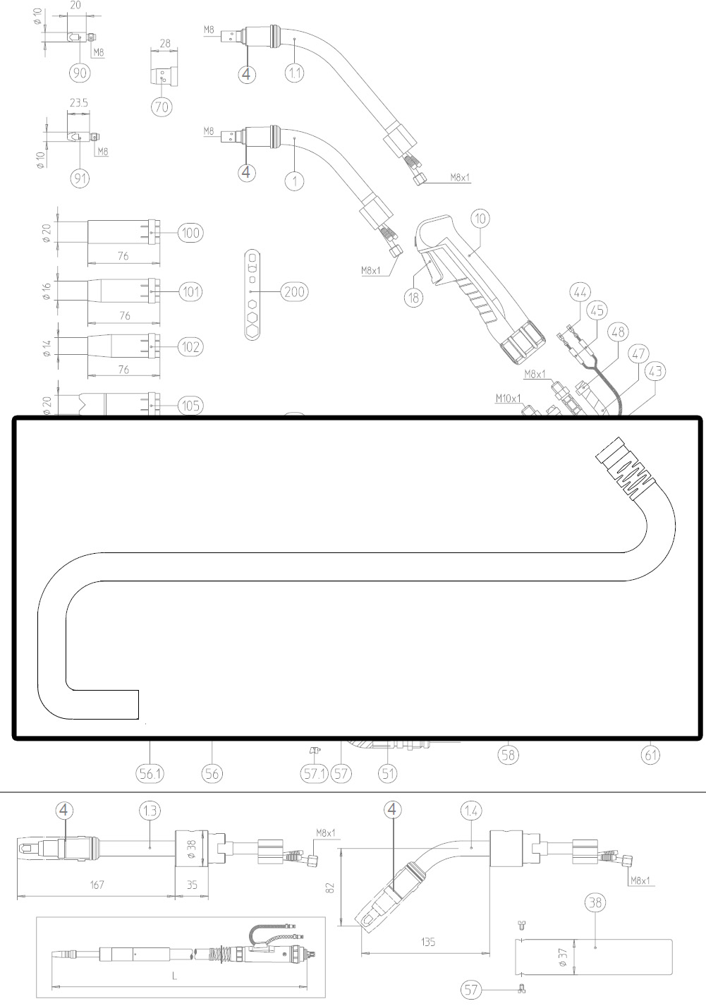 Dettaglio tubo neopreme telato ricambio abicor binzel 1070079