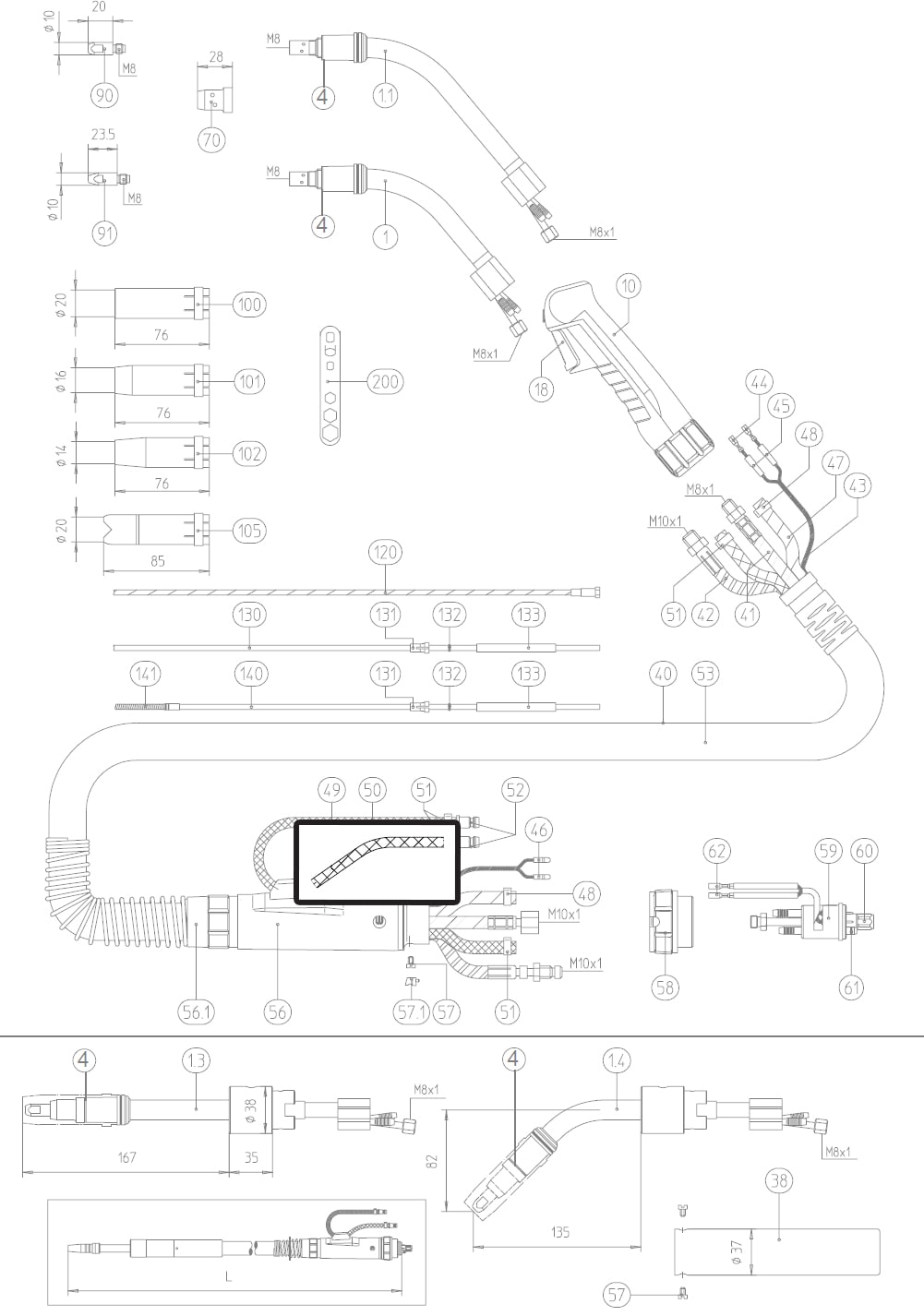 Dettaglio tubo telato acqua ricambio abicor binzel 1070079