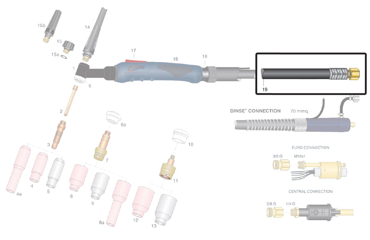 dettaglio cavo porta corrente attacco 38G torcia wp 26 saldatura tig ricambio