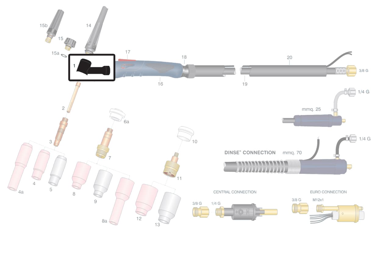 dettaglio corpo torcia flessibile wp9 saldatura tig