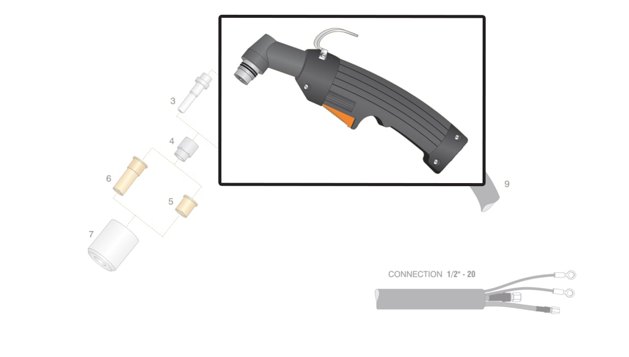 dettaglio corpo testa torcia hypertherm max40 pac140 ht40 taglio plasma