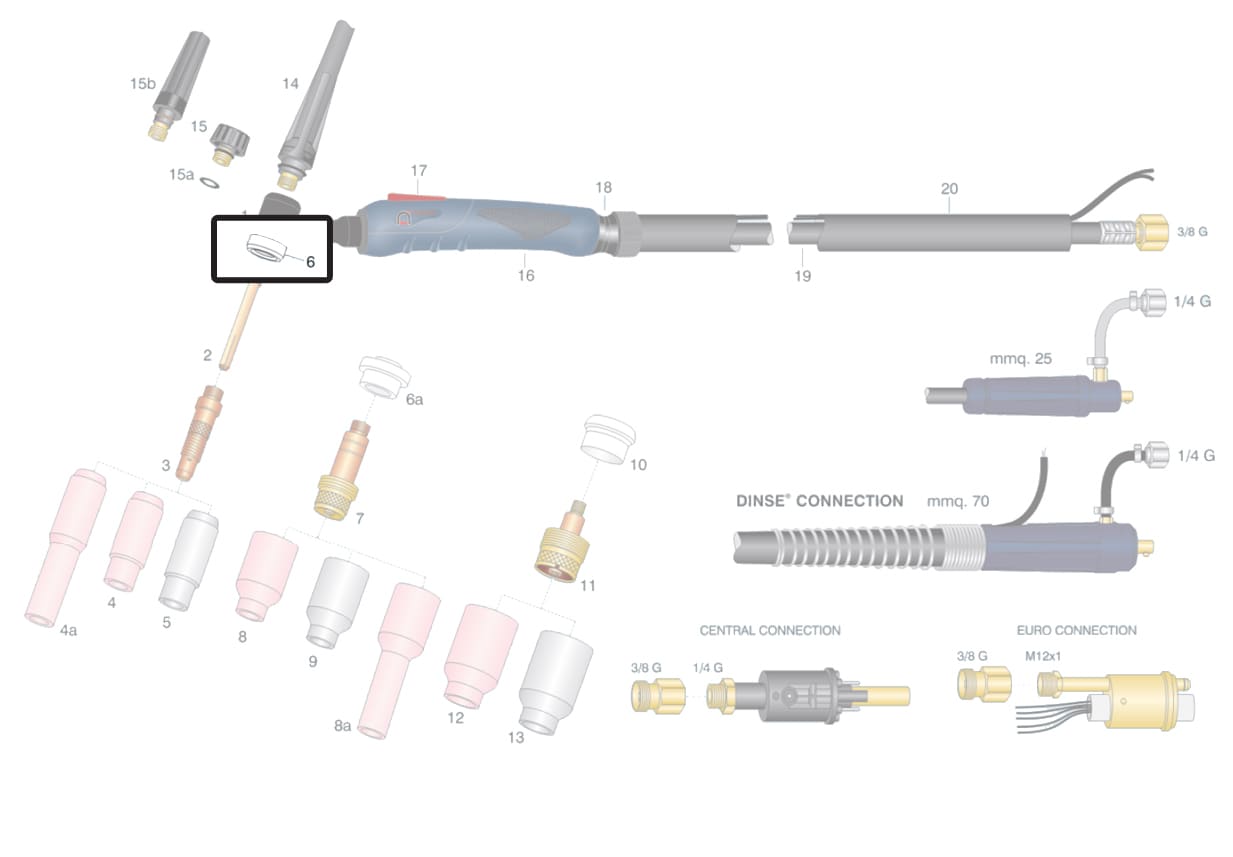 dettaglio isolante inferiore torcia wp9 saldatura tig