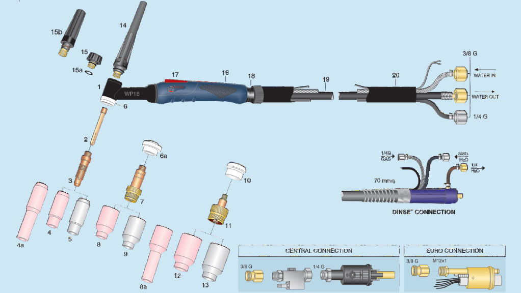 dettaglio parti torcia wp-18 attacco l-tec