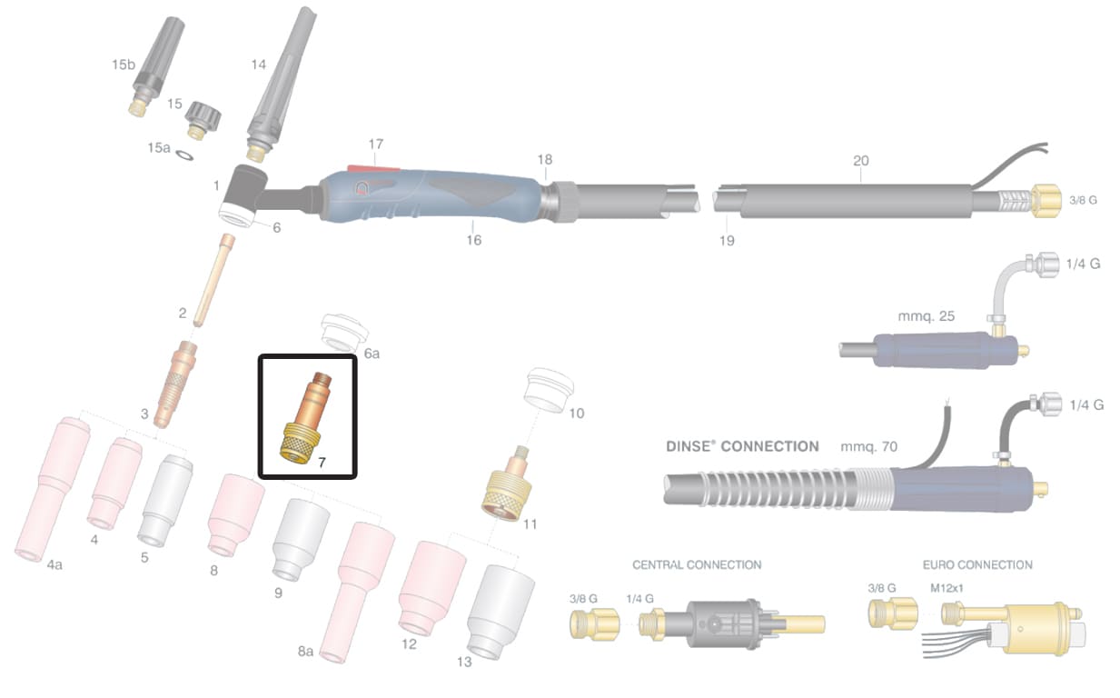 dettaglio porta pinza gas lens torcia wp17 wp18 wp26 saldatura tig