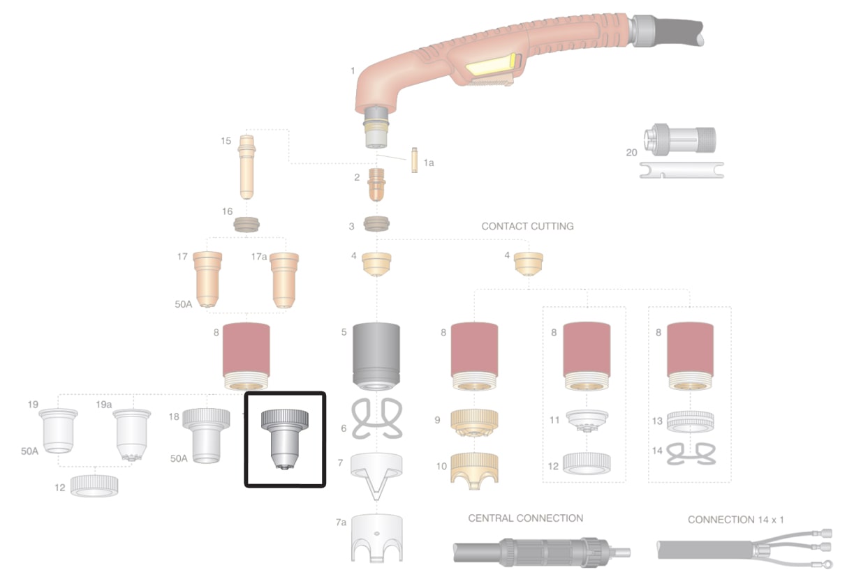 dettaglio protezione ugello lungo 90-150a torcia trafimet ergocut a101 a141 a151 taglio plasma