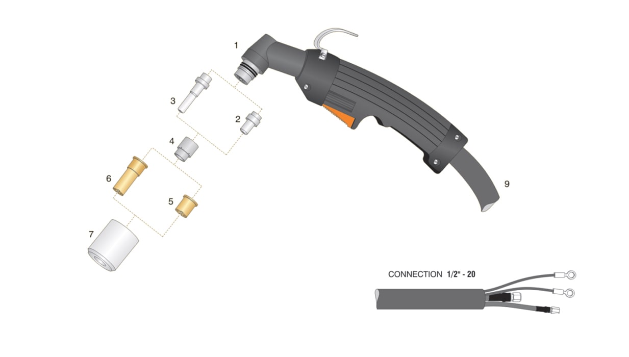 dettaglio torcia taglio plasma max40 pac140 ht40 hypertherm attacco 1/2-20