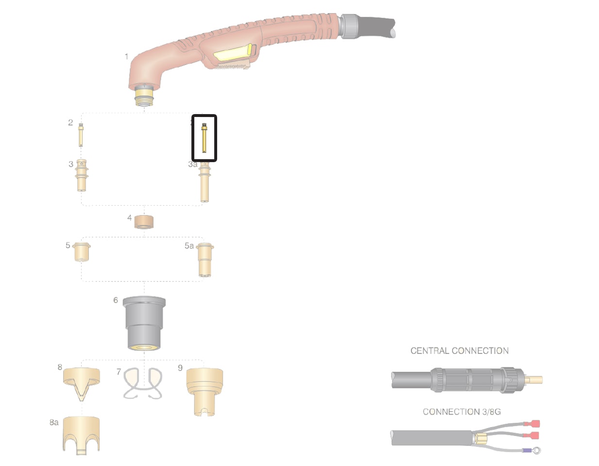 dettaglio diffusore tubetto lungo ottone torcia ergocut a81 trafimet taglio plasma