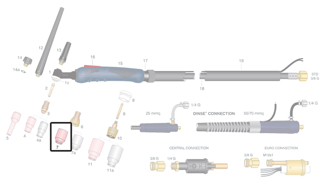 dettaglio ugello ceramica gas lens torcia wp9 wp20 wp22 saldatura tig