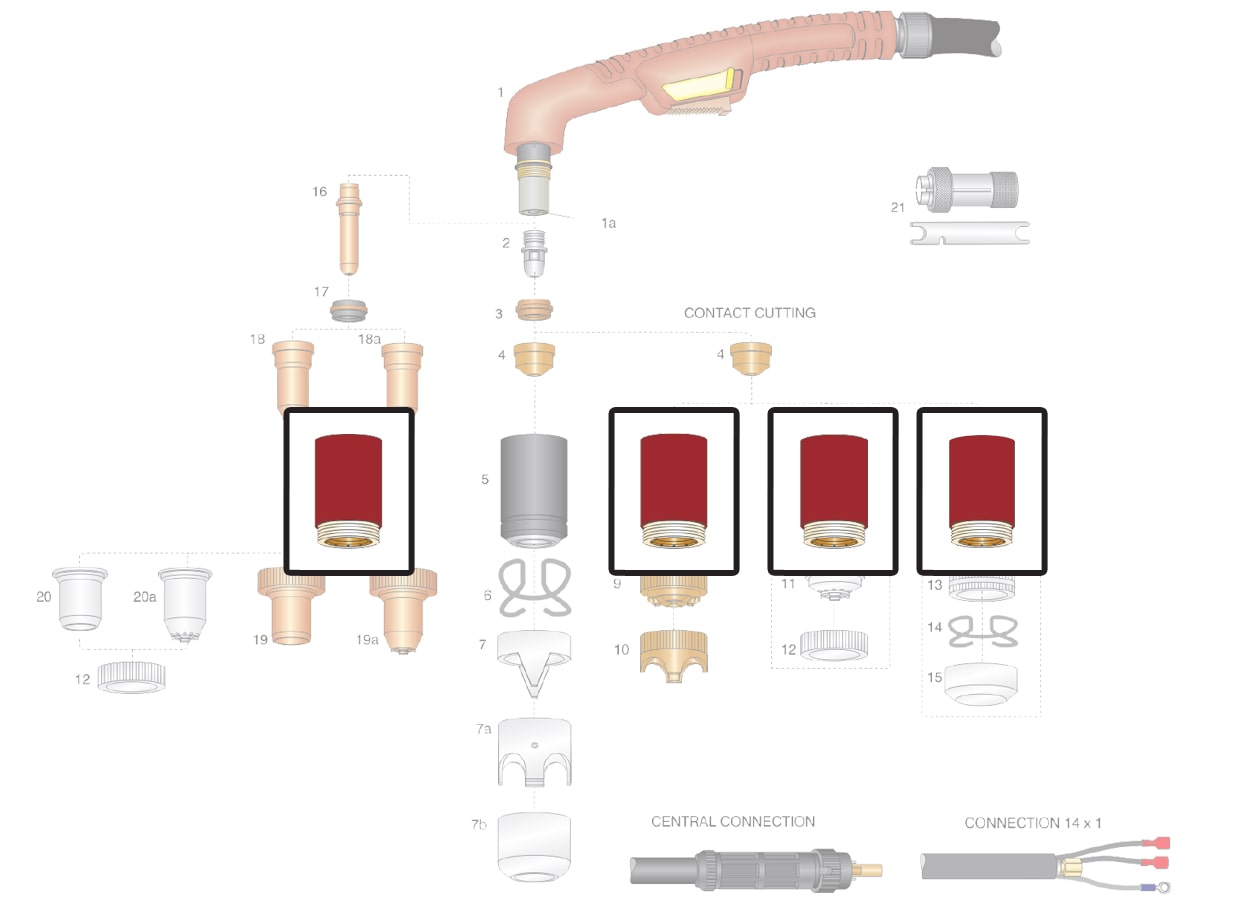 dettaglio ricambio ugello esterno long life taglio contatto torcia taglio plasma ergocut a141 a151 autocut trafimet