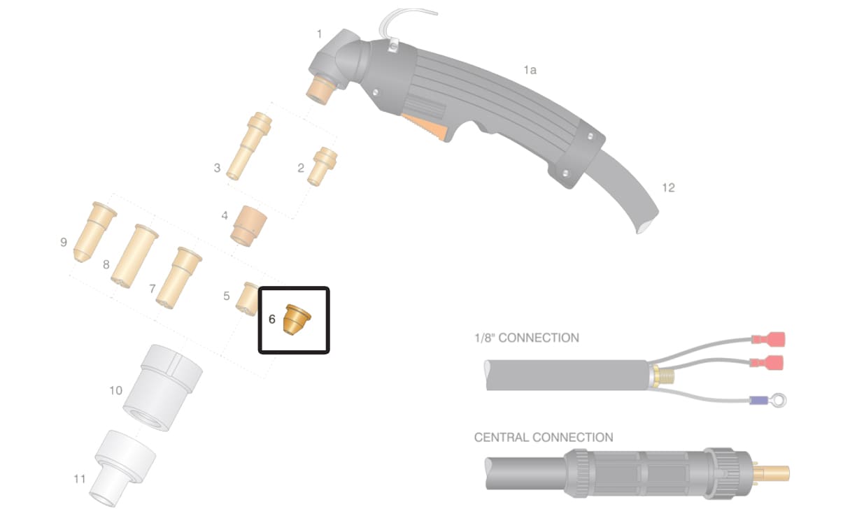 Dettaglio ugello rame conico torcia cebora p50 p35 hf plasma